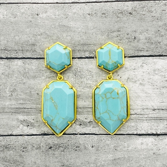 Natural Turquoise Stone with Gold Toned Statement Dangle Earrings - Picture 2 of 4